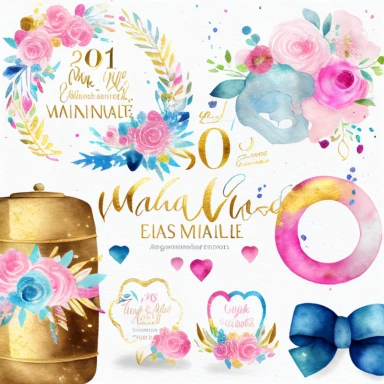 watercolor marriage anniversary clipart collection, white background, white, pink, blue and gold illustrations