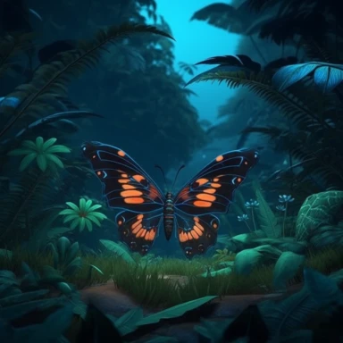 pictures and clip art of butterfly, in the style of christopher balaskas, mysterious jungle, natalia rak, playstation 5 screenshot, mysterious backdrops, dark cyan and dark brown, unreal engine 5