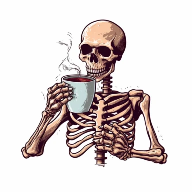 clipart of a skeleton torso holding a cup of very hot coffee in his hand with his fingers and desperately drinking it , even skeleton is addicted to coffee and can't get by without drinking it
