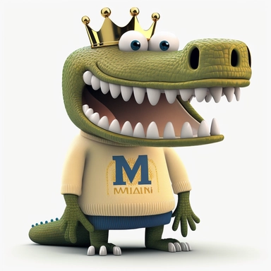 a fully standing smiling cartoon clipart alligator wearing a white turtle neck sweater with the letter M in the middle of the sweater-wearing a large gold crown on a white background