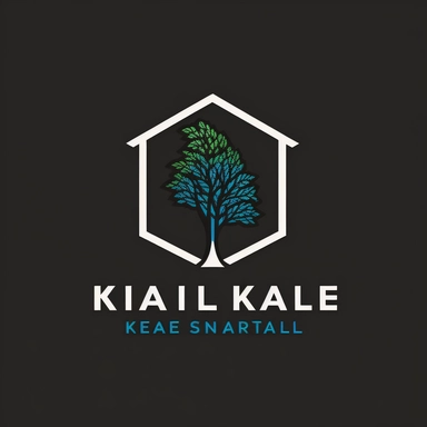 a minimal vector logo for a real estate company called KN REAL ESTATE in blue font, small green tree contained fully inside of a black outline house, simple clipart style, white background