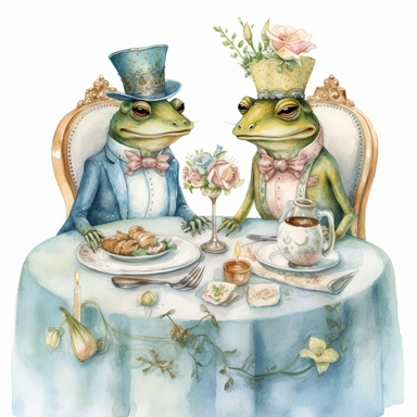hand drawn frog couple, crown, dining at bistro table, whimsical, fantasy, in pale shades of blue sage green soft pink and pale yellow, flowers, glamorous, realistic, watercolor, clipart style, white background with margins