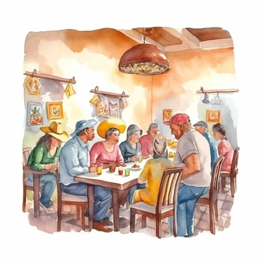 Indoor of Mexican restaurant full of guests realistic detailed, watercolor clipart, white background