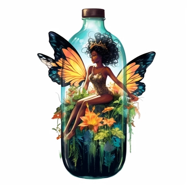 An ebony fairy with delicate wings, floating inside a glowing bottle, surrounded by a lush, vibrant fairyland, clipart, white background