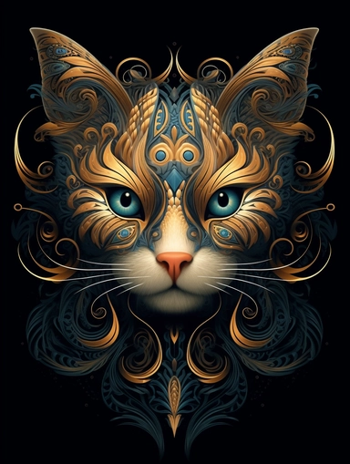 A cat portrait in a gold dress with ornate silver tattoo, in the style of black and lpurple, fractal patterns, mind - bending murals, dark cyan and orange, zbrush, depictions of animals, distinctive noses, clipart png, photorealistic, watercolor, digital painting, WHITE BACKGROUND, fantasy style, realistic, painting, 8k, ultra details,