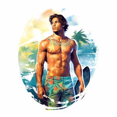 beautiful stunning hawaiian surfer young man , paint art style, clipart, white background, superrealistic, one of a kind