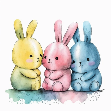 funny pink, yellow and blue easter bunnies like a friend, white background, black outside lines, designs, white background, watercolor, pencil drawing, small details, digital art, clipart, super acurate, –testp, pixar,