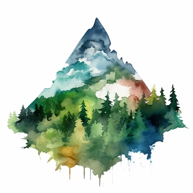 one paint mountain and tree clipart on a white background, in the style of dark green and aquamarine, dye-transfer, david nordahl, chinese watercolor, bright colors, bold shapes, nature-inspired camouflage, mist , no watermark, text, words, paintbrush, 300 DPI, typography, the images do not stick together, no text in the picture