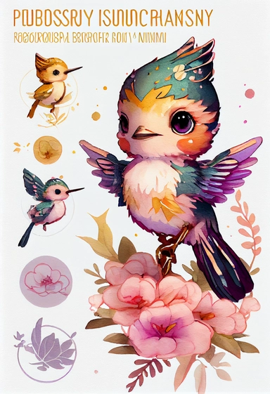 watercolor baby humming bird clipart, full body, chibi, Nursery Art, Nursery Decor, dreamy eyes, magical, high rendering, central focus, scenic background, intricate details, kawaii chibi, by Ross Tran, retro,pink light golden, Cinematic feel, tiger, Tropical,floral, colourfull,