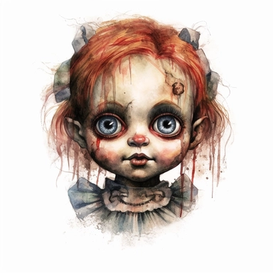 a headshot showing the scary face of a possessed doll, watercolor, ultra high-detail, dark outlines, clipart