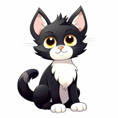 cute cartoon cat, black and white cat, black face with a little bit white by mouth, a lot of white on chest, white paws, black legs, yellow eyes, full body sitting, white background, clip art, vector graphic