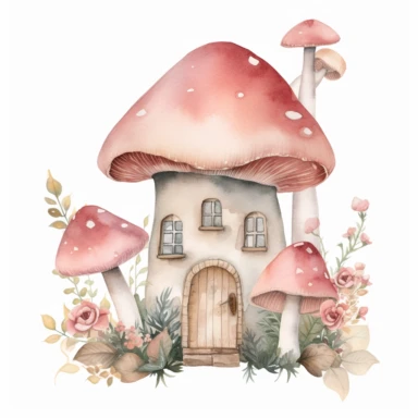 Watercolour light pink mushroom house clipart with roses, no text