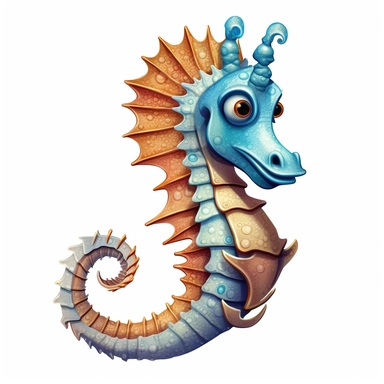 Illustration of a cute Seahorse against white background, cartoonish style, highly realistic, white background, clipart, PNG pure white background, high resolution, hyper detailed, best quality, high detailed illustration