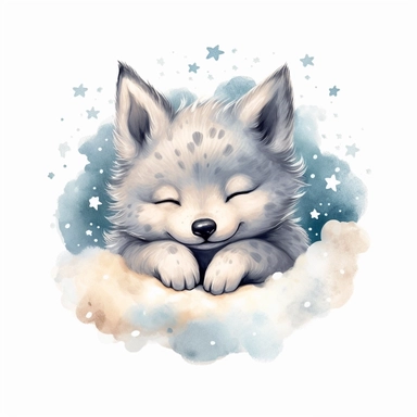 Cute wolf illustration by willows character, realistic adorable wolf sleeping on a soft moon surrounded by stars, sleepy happy clipart, nursery style clipart, Nursery Animals Art, Kids Wall Art, Kids Room Decor, Baby Room Decor, isolated on white, ultra - detailed, high quality, ghibli style, award winning
