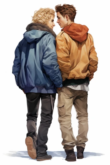 two fullbody women at their backs , best friends, wearing blue pants and jackets, clipart