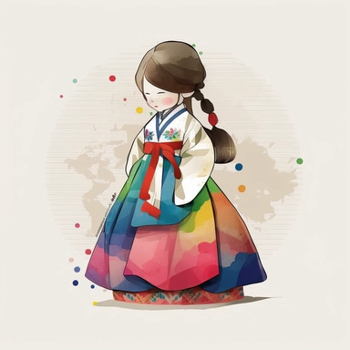 a cute little girl is wearing Korea traditional dress Hanbok. watercolor clipart, the skirt layers are designed to create a full and flowing silhouette, rainbow color jacket, The jacket worn by women in the royal family has long sleeves that are wide and 