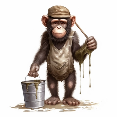 clipart of standing chimpanzee, holding dripping brush and bucket to paste poster onto wall in the style of artist Shepard fairy