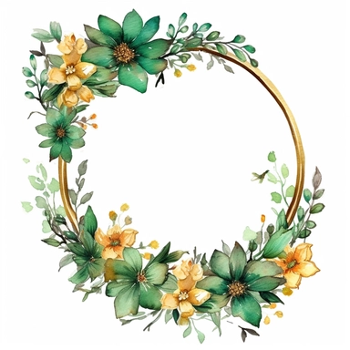 watercolor clipart of a empty suttle dainty floral oval frame surrounded by gold color flowers and emerald green flowers. Capture the essence of blooming beauty and intricate details in your artwork, white background