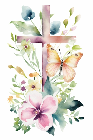 Photo watercolor hand painted floral and butterfly cross clipart easter religious greenery illustration baptism cross clip art holy spirit clipart golden frame wedding