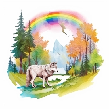 a watercolor of a forrest scenery with rainbow and wolf, realistic fantasy Style, vector free clipart illustration, in the style of unreal engine 5, 32k uhd, detailed features, white background