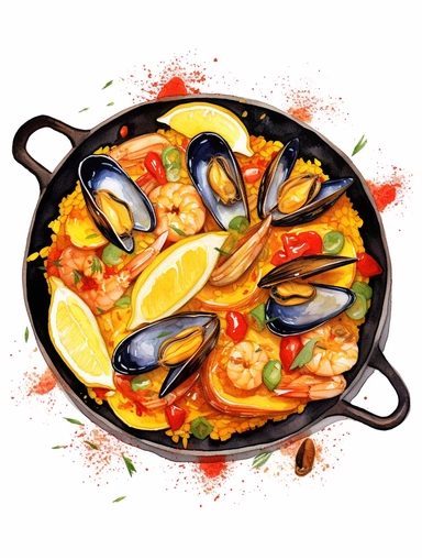 A delightful watercolor, hyper - realistic clipart image with a white background and white margins, showcasing a valencian paella. The ultra - detailed, hand - drawn elements capture the golden chicken, oysters and green kallo sliced into 1 inch pieces with butter beans with lemon slices on top. Layered ontop of yellow rice. Use whimsical touches to add a sense of freshness, and bold shades of yellow and brown to evoke the comforting and satisfying nature of this classic fast food dish. Partiall