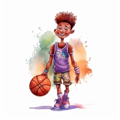 cute Watercolor cartoon basketball player, clipart, white background