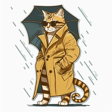 Logo of a picture of a lazy cat wearing sunglasses and a trench coat, full body, inspired by Hanns Katz, reddit contest winner, logo, relaxed colors, liquid cooled, 70's, clipart, chill out, retro, Striped cat, design for sticker, full body, white background, with margins