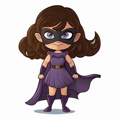 full body image of a cute, smiling little girl with brown hair in realistic cartoon style, looking forward with a black superhero eye mask and lavender dress, in clipart style