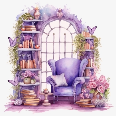 A fairytale style fairy reading corner with watercolor effect,suitable for digital clipart,fairy bookcase full of magical books,arched style magical window,reading lamp,white background,magical scene,fairy vibrant colors,pink,purple,lavender,soft details Clipart ,Cartoon,hyper realistic, intricate detail, illustration style,high solution,on the white background