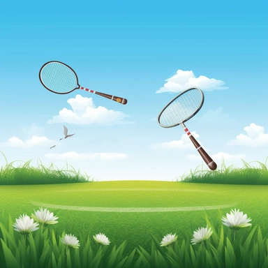 corporate clipart style empty badminton court blue sky green grass with rackets and shuttlecock on the ground