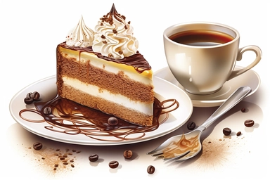 coffee+and+cake No watermark. , highly detailed, isolated on white, clipart,