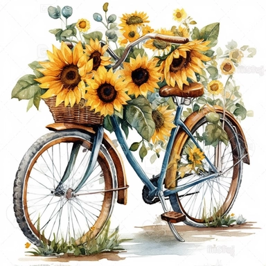 clipart of beautiful watercolor sunflowers on s country bicycle with a basket, bold and details, white background