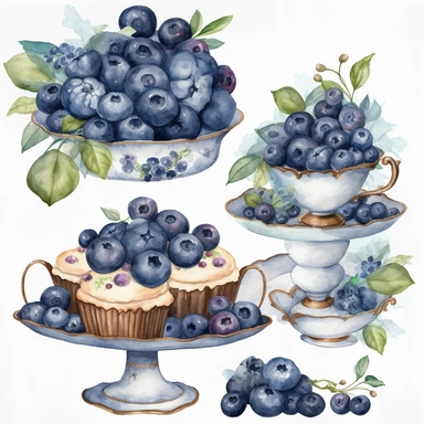 Watercolor blueberries Farmhouse tiered tray, breakfast window , watercolor clipart, details