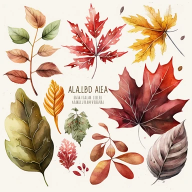 Watercolor Autumn Illustration clipart, Autumn Leaves, maple, oak, birch, sweetgum, gingko, dogwood, japanese maple, virginia creeper, high quality 8k, highly detailed, realistic, clean, hand drawn, bright colors