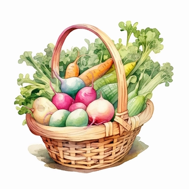 watercolor, hyper realistic, white background, white margins, 16k, ultra detailed clipart, cut out image, hand-drawn, whimsical manhwa style a basket filled with freshly harvested vegetables like radishes, peas, and beans. Soft pastel colors like mint green, pale yellow, and light pink