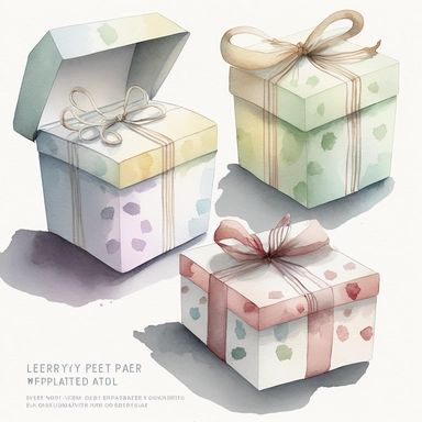 watercolor gift boxes clipart, flat style, no volume, few details, washed out, minimalistic style, very lose details, very light colors, transparent colors, light airy hues and pastel tones, spaced out, by Beatrix potter white background, washed out colors and paint, hand-painted watercolor, watercolor paper with visible rough paper texture, a variety of watercolor brushes, do not cross workspace borders, rough watercolor paper texture on top