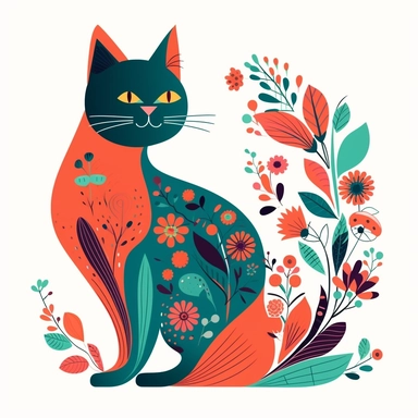 cartoon style cat, bright colored boho style flowers, silhouette vector flat simple identification symbol white backround white background minimalistic clipart png svg