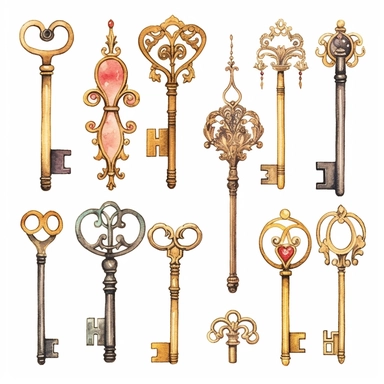 assorted gold keys inspired by Alice in wonderland watercolor illustration, design elements isolated on white background, vintage clip art - Image #4 <@1098423716465102849>