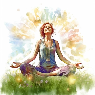 enchanted Front illumination of ultra realistic watercolor of full body of an insanely beautiful hippie country happy person, doing yoga pose in grass field , highly detailed and realistic, insane quality, mystic, wiccan, art nouveau art style, clipart witchcore dreamcore cottagecore, good looking meditation, yoga calm, serene, healthy, white background no text, isolated on white, watercolor illustration, award winning, strong and sharp lines