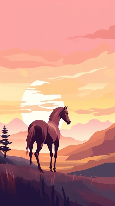 The clipart shows a horse in a delicate and romantic atmosphere. The horse is standing in a picturesque landscape illuminated by a warm, golden evening sun. The background is designed with soft hues like pastel pink, lavender or a soft sunset gradient. The horse itself has an elegant and graceful posture. It has its head slightly lowered as it gazes into the distance, as if filled with dreams and romance. The horse's eyes have a gentle and dreamy expression. The mane and tail are long and flowin