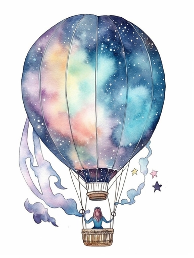 fantasy watercolor clipart with white background, hotair balloon with a galaxy and moon and stars on the hotair balloon wrapping around it and flowing out into the space around the balloon, incorporate a vintage artistic theme and meticulous attention to stitching and gradients, flat design, clearly defined separated image, high quality
