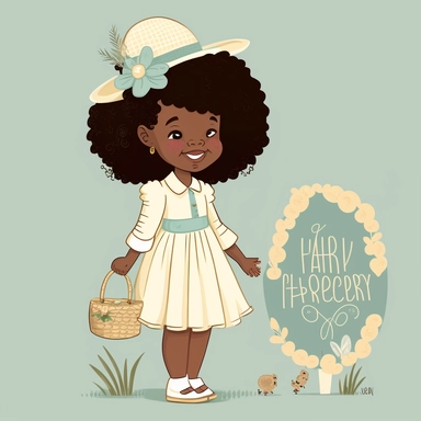 Gospel Church , Easter Sunday , Happy Black Girl Smiling on Easter Sunday , Wearing a Easter hat , standing , walking, Carring easter basket , Easter art, funny black girls clipart, Funny black girl , Frilly Easter Dress , Ribbiobs in Hair Cheerful african american girl child png, clipart, afro ,Full body with legs , Cottage core , Love shack Fancy, Highly detailed close-up portrait , standing , Nicoletta Ceccoli, Mark Ryden, lostfish, Earl Nor, global lighting, divine rays, detailed and intrica