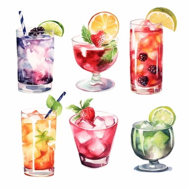 Alcohol cocktail collection. Watercolor illustration. Drinks clipart