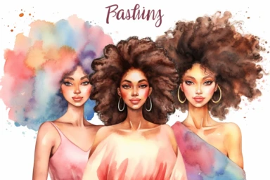 3 brown skin sisters with big hair, colorful watercolor clipart