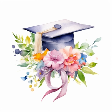 graduation scroll with spring florals, watercolor, white background clipart