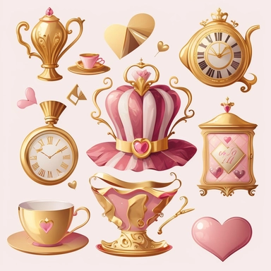 collection of hat , teapot,book, teacup, hearts cards, big crazy hat, gold melting clock , hourglass, queen of hearts , hearts paying cards vector clipart gold and light pink on white background
