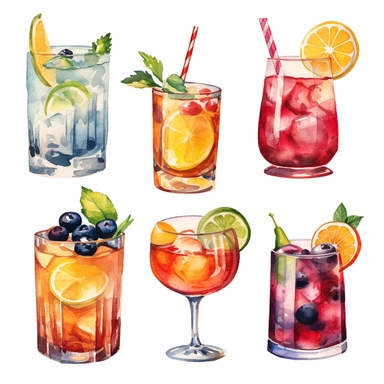 Alcohol cocktail collection. Watercolor illustration. Drinks clipart