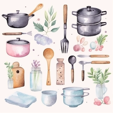 cooking items art watercolor clipart, minimalist, soft pastel colors 8k, isolated transparent background, 4 times spaced out