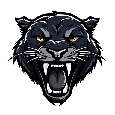 2d, flat, sports team logo style, clipart, front of face, panther, black with teeth, white background, no highlights, not a tiger