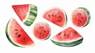 semi photorealistic outlined watercolor illustration, clipart elements, collection [watermelon fruit] cozy elements, detailed, pastels, beige, spaced, isolated white background, 8k,